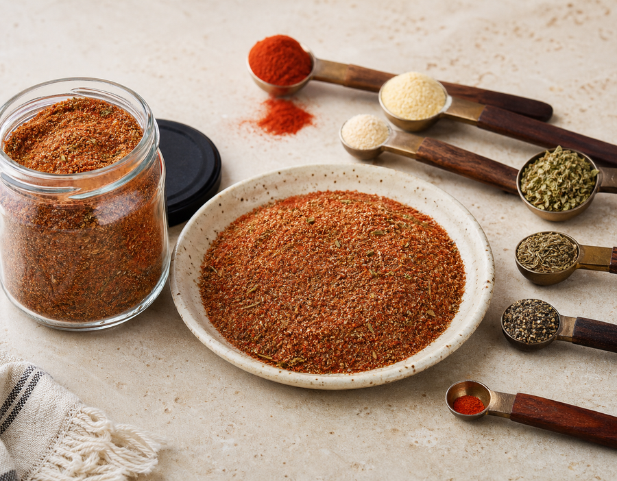 Homemade Cajun seasoning in a small bowl with paprika, herbs and spices nearby