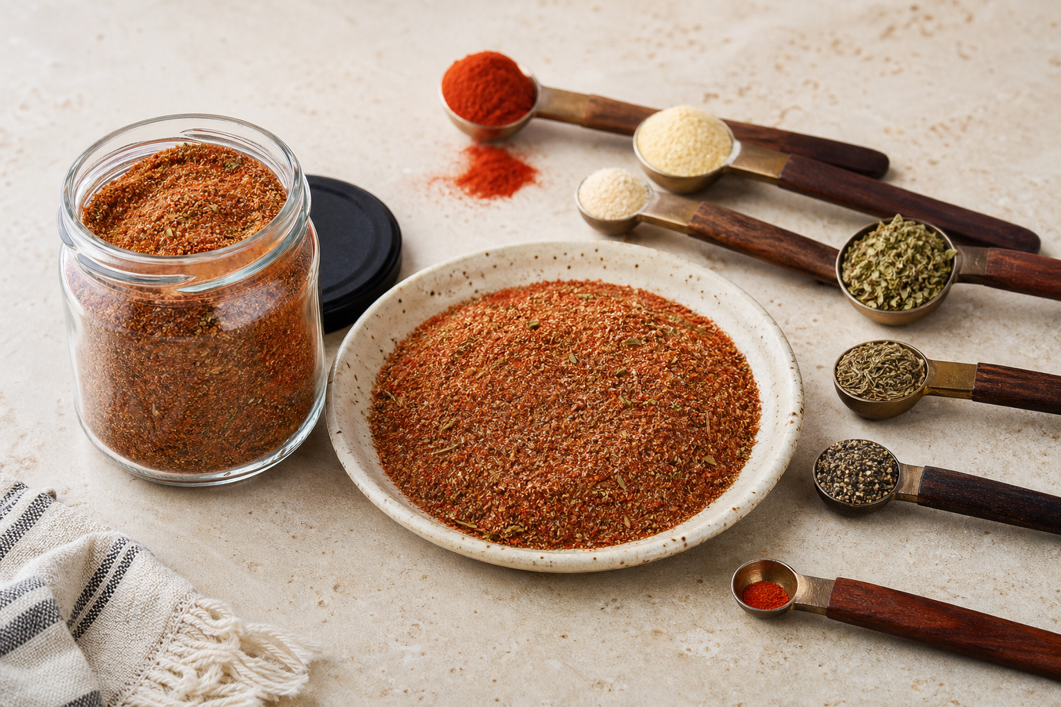 Homemade Cajun seasoning in a small bowl with paprika, herbs and spices nearby