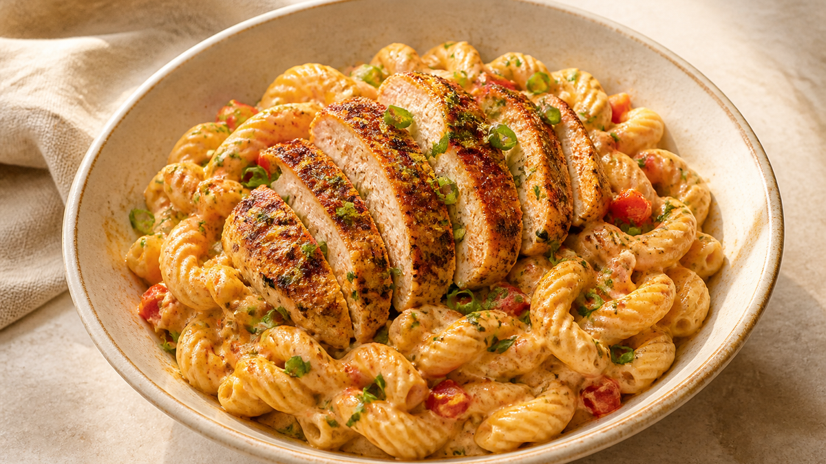 Creamy Cajun chicken pasta with peppers and green onion in a shallow bowl