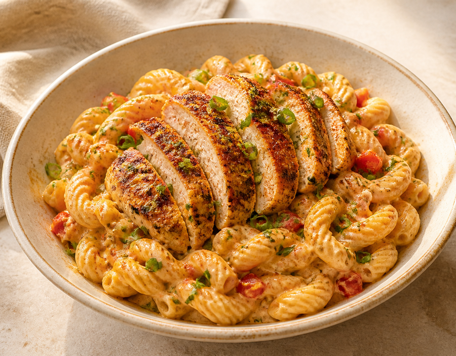 Creamy Cajun chicken pasta with peppers and green onion in a shallow bowl