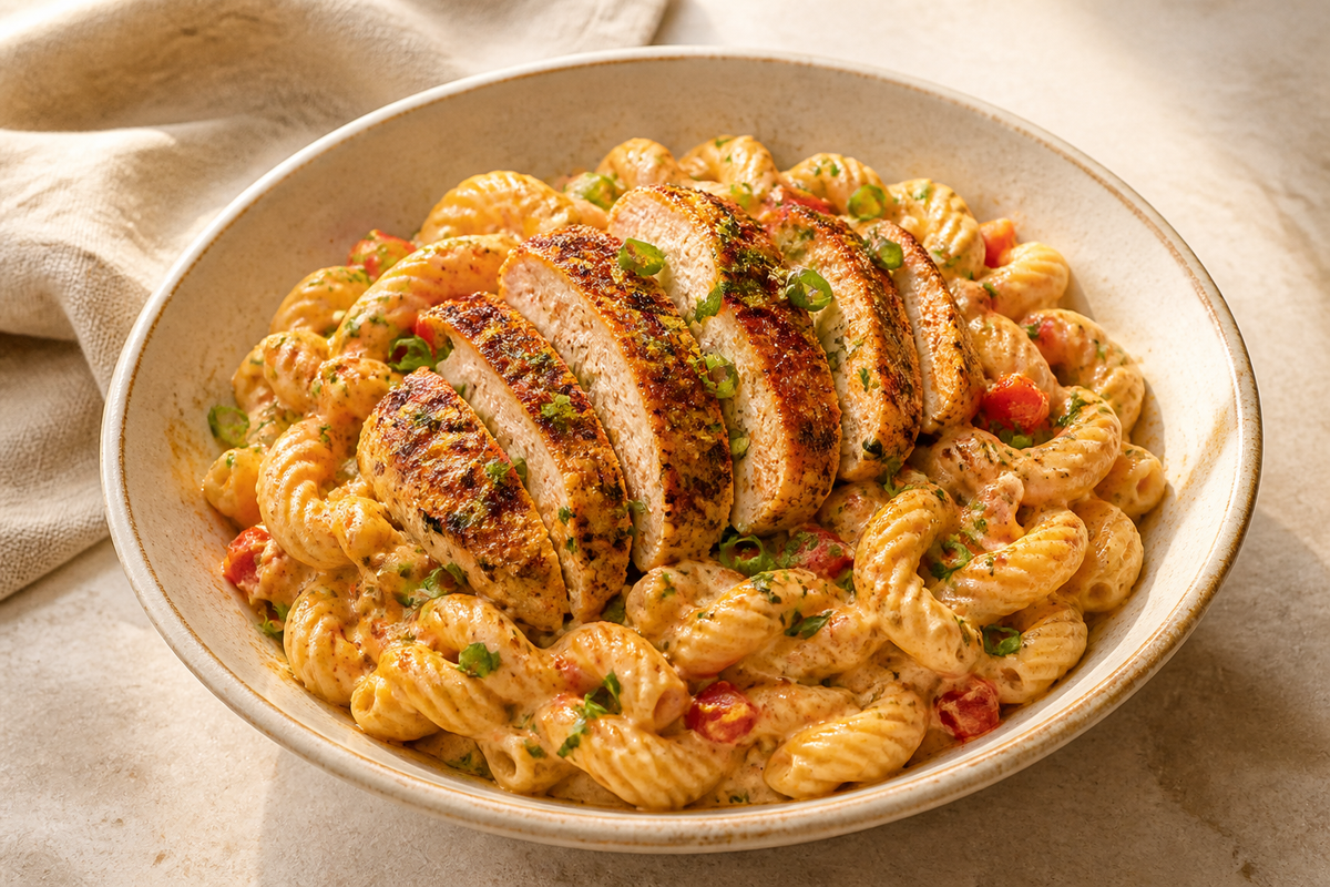 Creamy Cajun chicken pasta with peppers and green onion in a shallow bowl