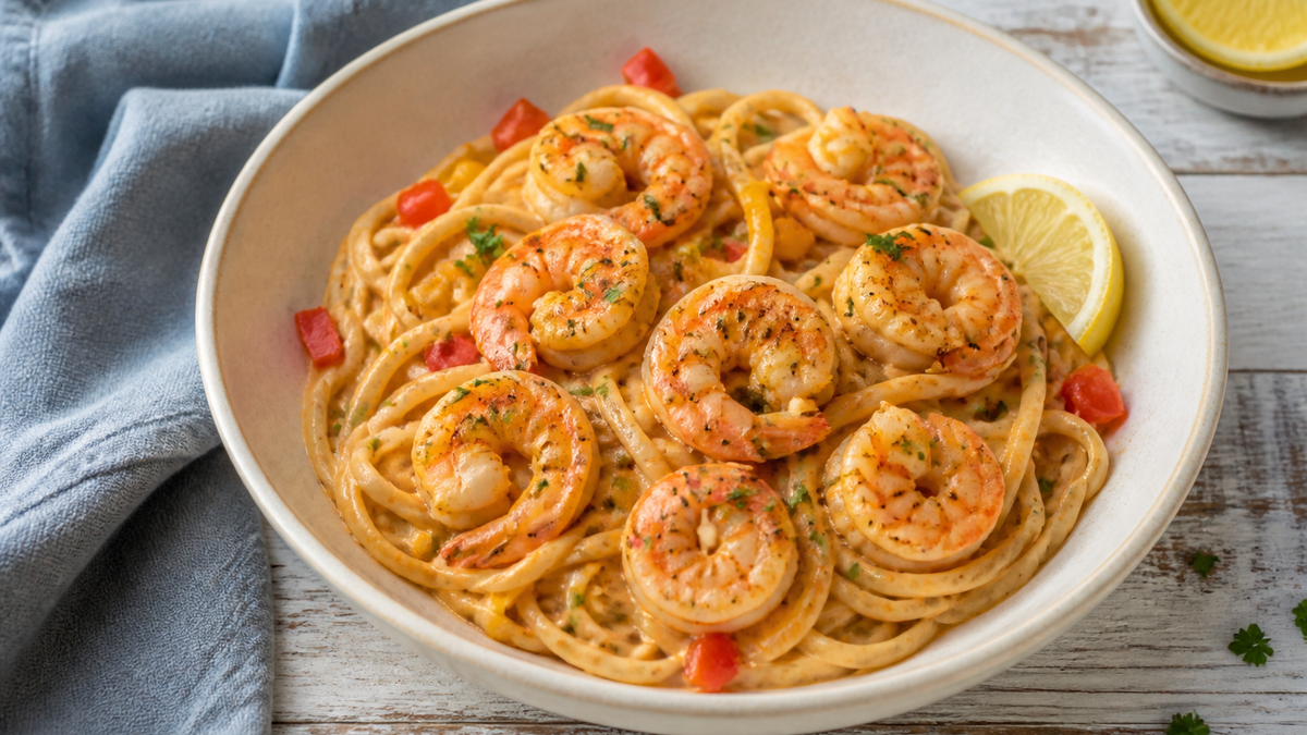Cajun shrimp pasta with peppers, parsley and a creamy sauce