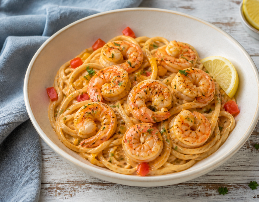 Cajun shrimp pasta with peppers, parsley and a creamy sauce