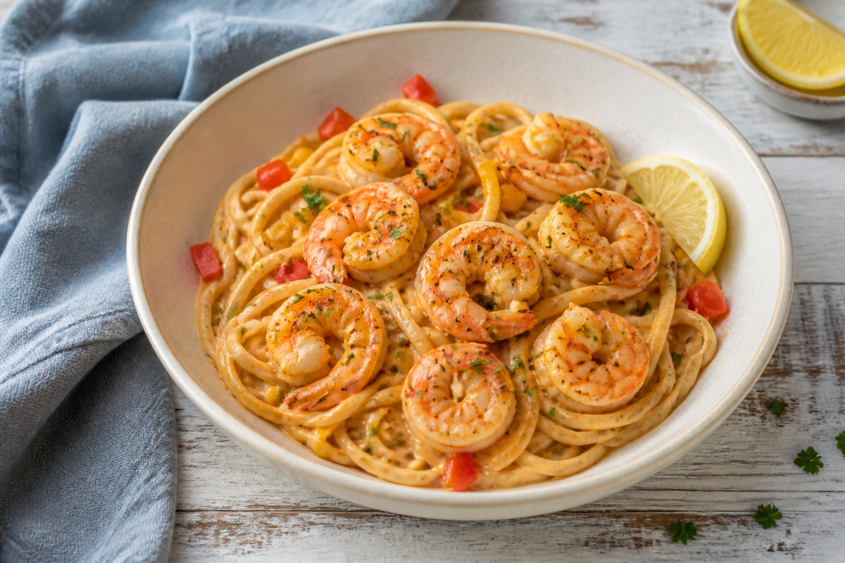 Cajun shrimp pasta with peppers, parsley and a creamy sauce
