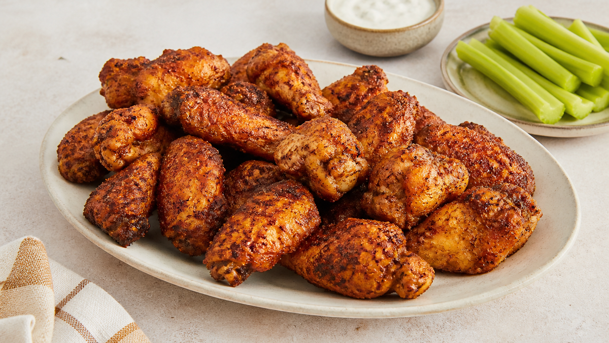 Crisp Cajun chicken wings with celery and a creamy dipping sauce