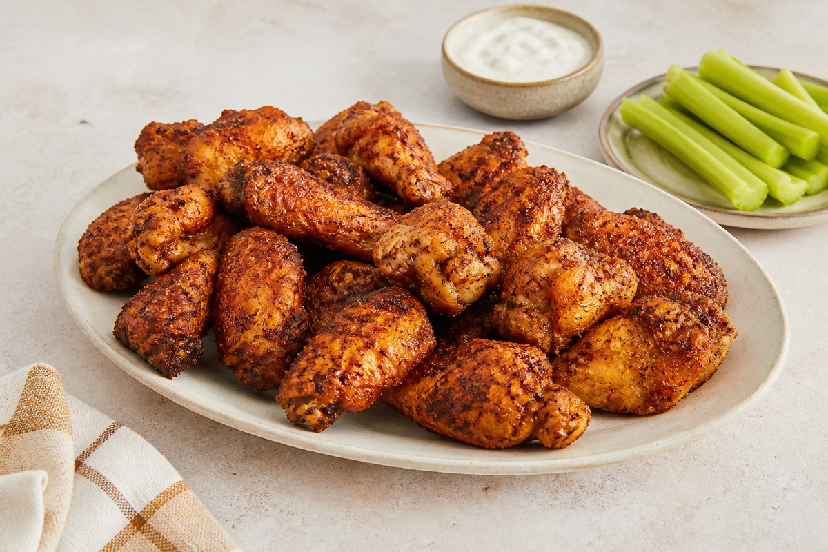 Crisp Cajun chicken wings with celery and a creamy dipping sauce
