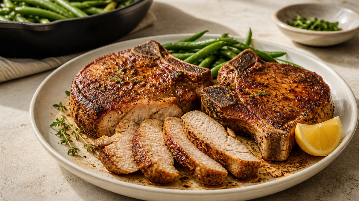 Cajun-seasoned pork chops with mashed potatoes and green beans