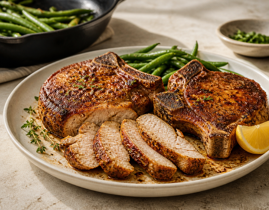 Cajun-seasoned pork chops with mashed potatoes and green beans