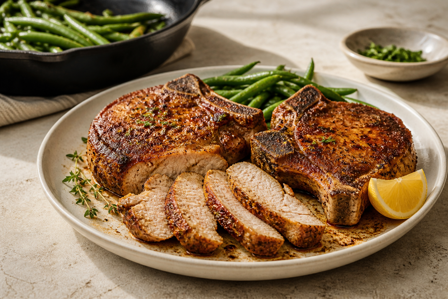 Cajun-seasoned pork chops with mashed potatoes and green beans