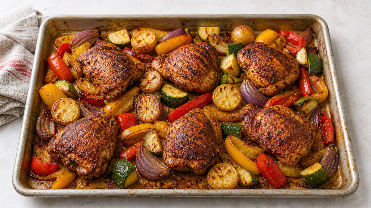 Cajun chicken thighs with roasted potatoes, peppers and zucchini on a sheet pan
