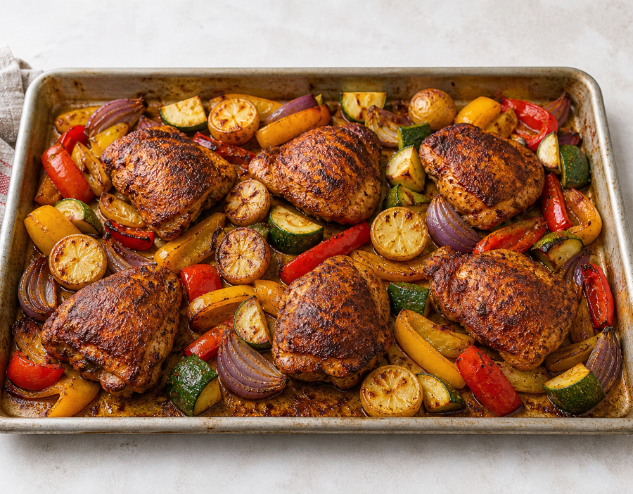 Cajun chicken thighs with roasted potatoes, peppers and zucchini on a sheet pan