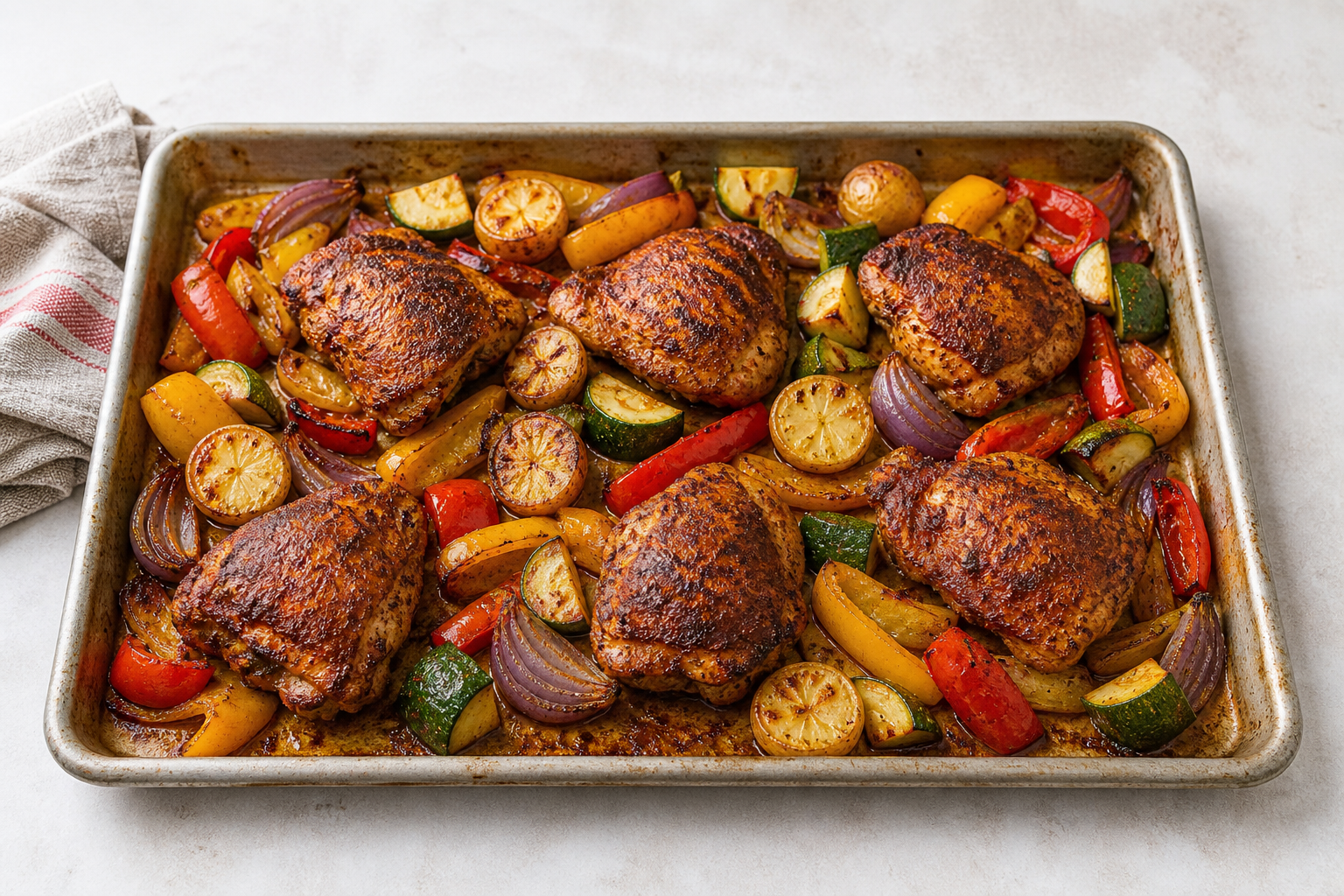 Cajun chicken thighs with roasted potatoes, peppers and zucchini on a sheet pan
