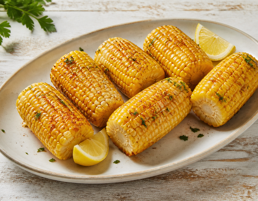 Grilled Cajun corn on the cob with seasoned butter, lime and herbs
