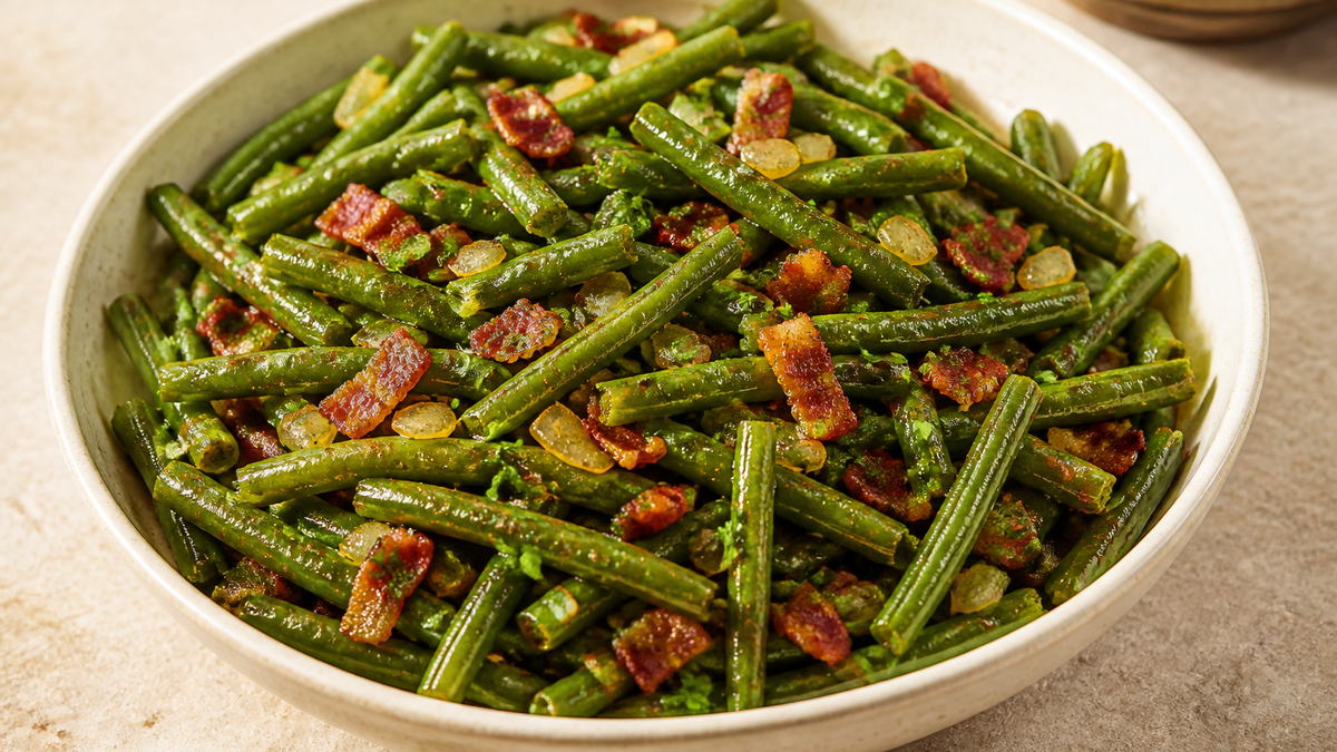 Cajun green beans with crisp bacon and onion in a serving bowl