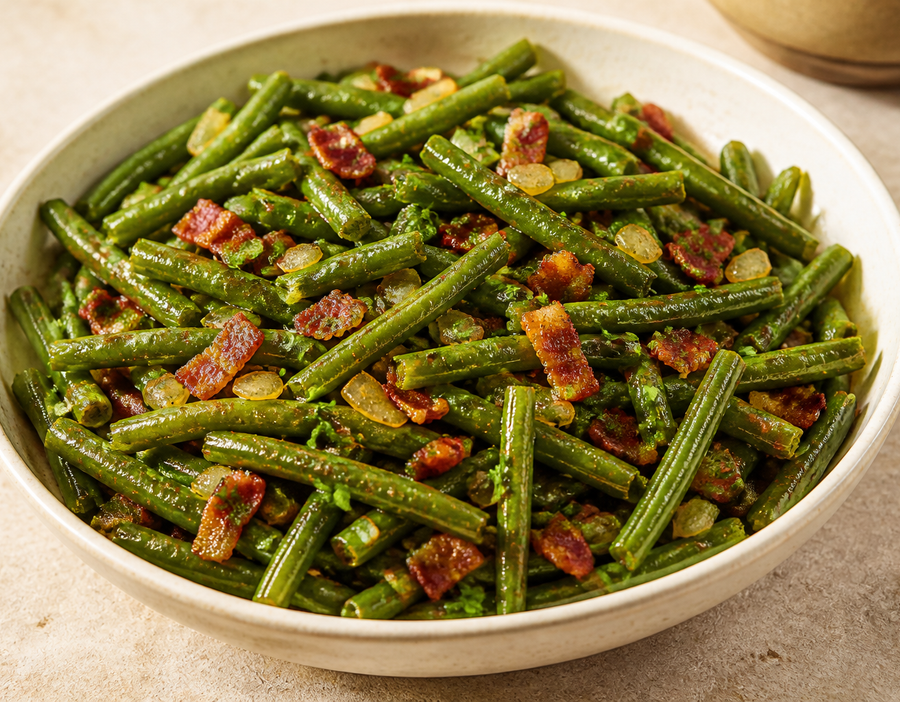 Cajun green beans with crisp bacon and onion in a serving bowl