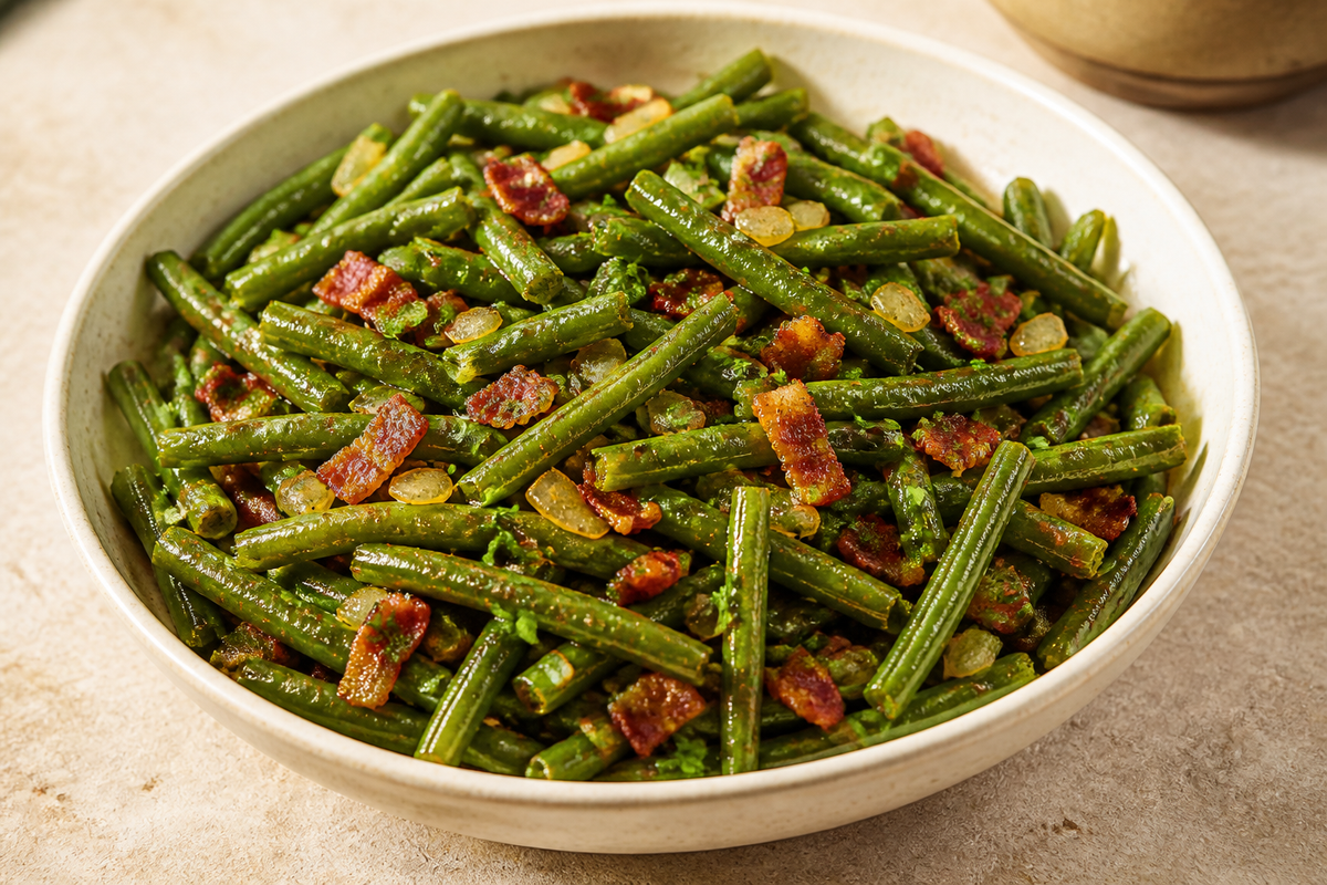 Cajun green beans with crisp bacon and onion in a serving bowl
