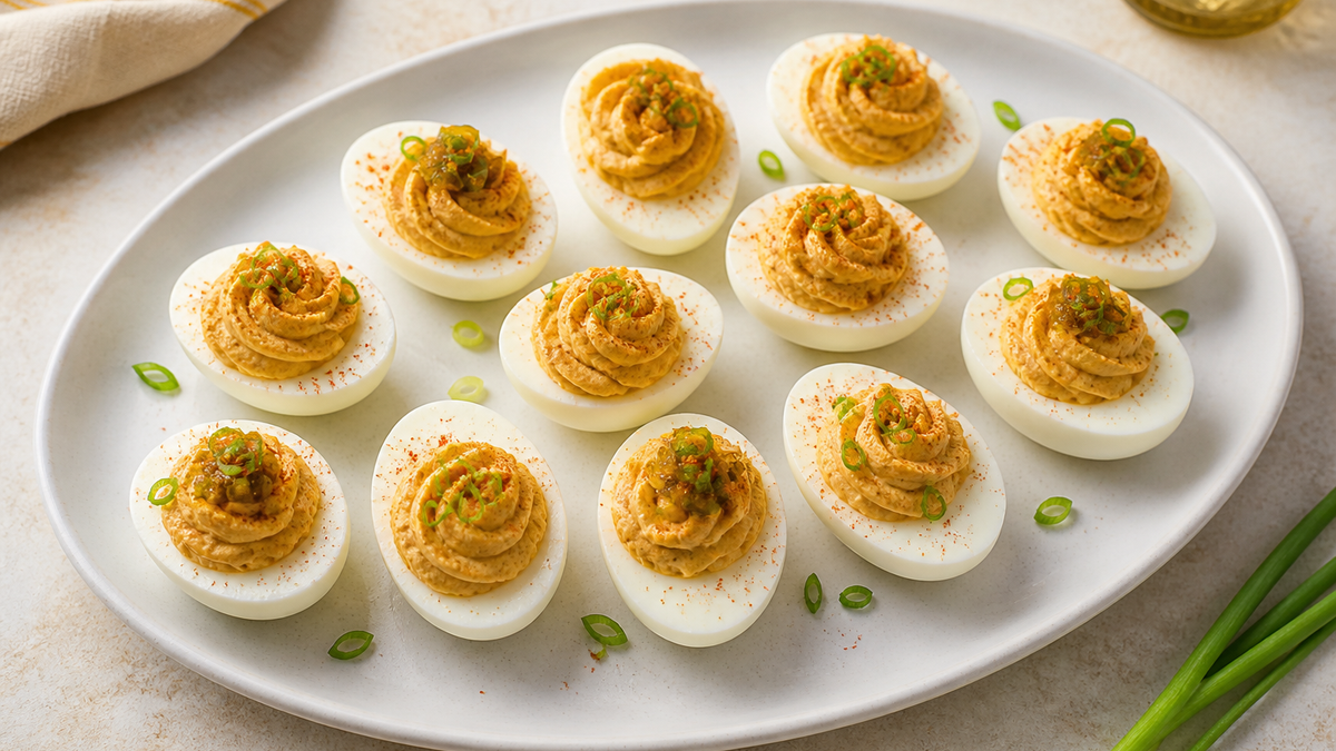 Cajun deviled eggs topped with seasoning, herbs and jalapeño slices