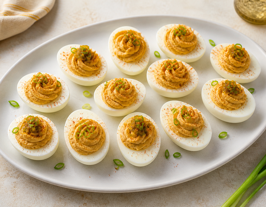 Cajun deviled eggs topped with seasoning, herbs and jalapeño slices