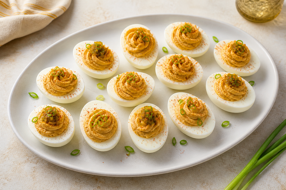 Cajun deviled eggs topped with seasoning, herbs and jalapeño slices