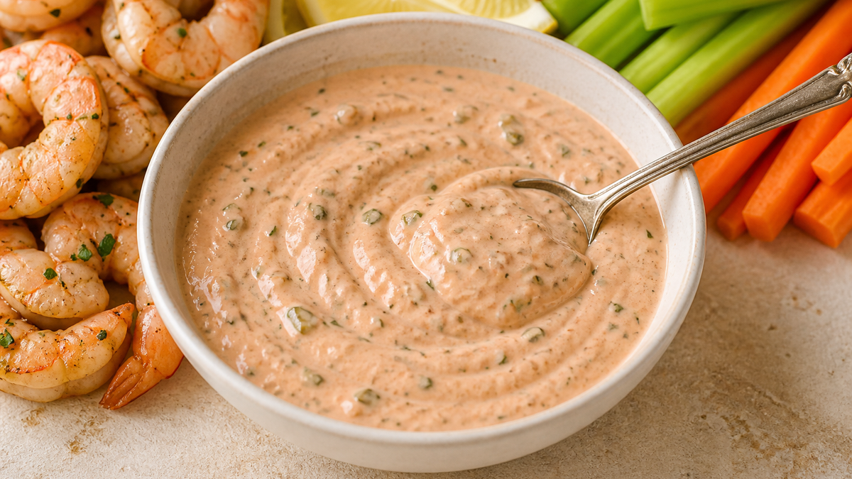 Bowl of Cajun remoulade sauce with herbs, lemon and shrimp nearby