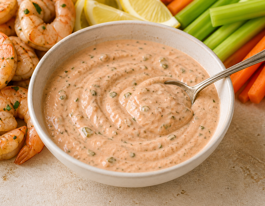 Bowl of Cajun remoulade sauce with herbs, lemon and shrimp nearby