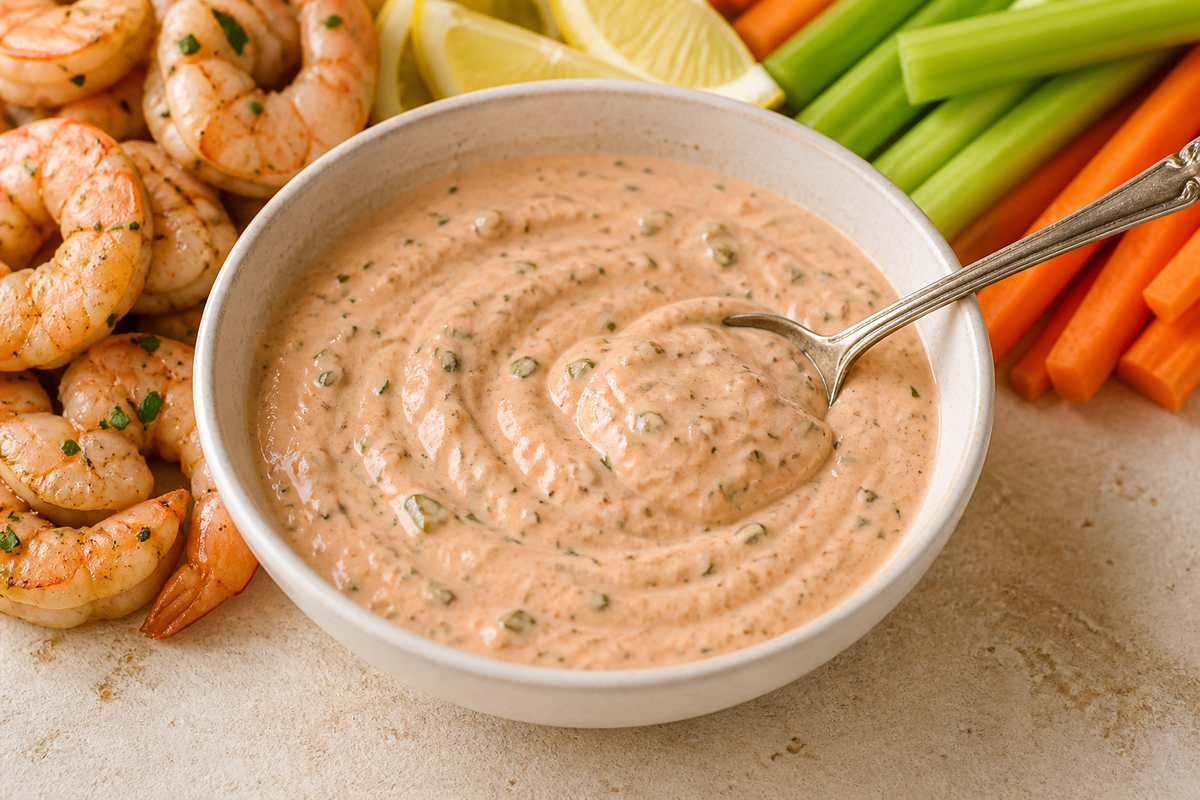 Bowl of Cajun remoulade sauce with herbs, lemon and shrimp nearby