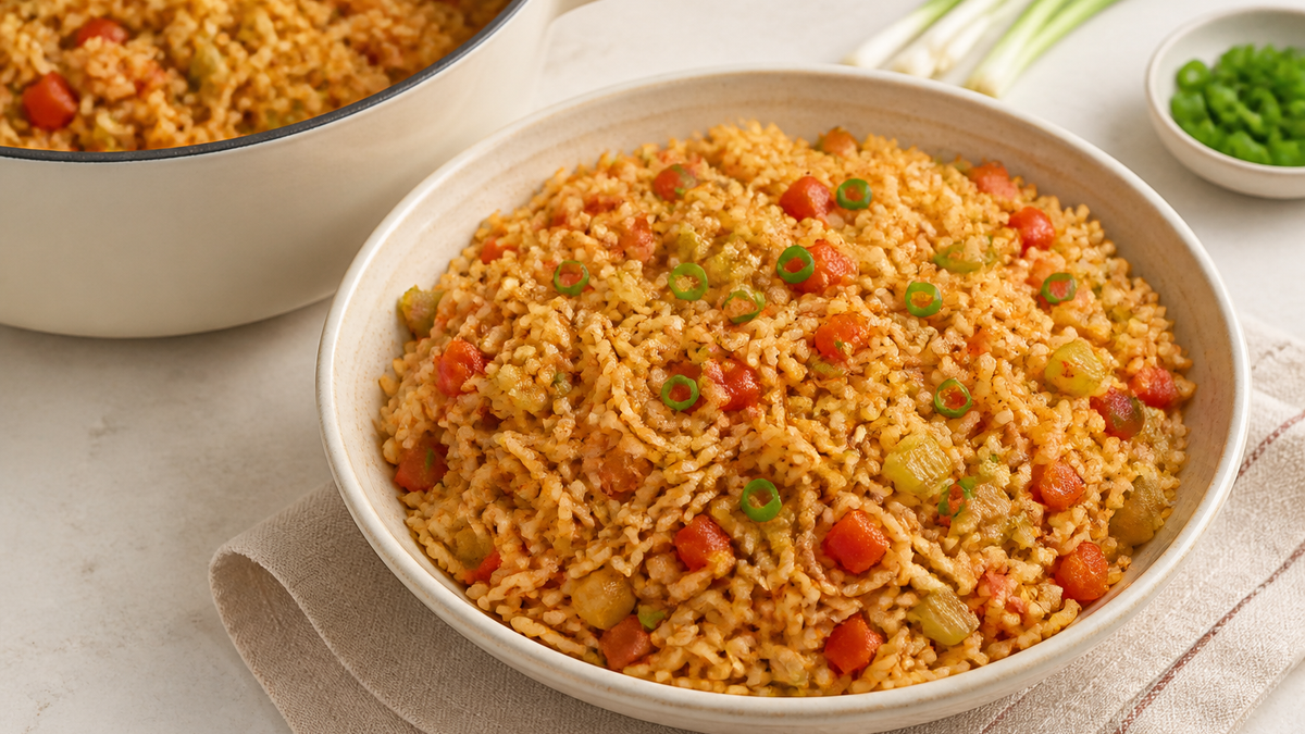 One-pot Cajun rice with peppers, tomato, celery and green onion
