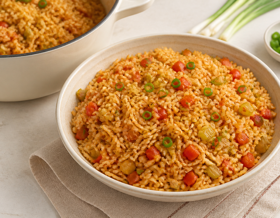 One-pot Cajun rice with peppers, tomato, celery and green onion