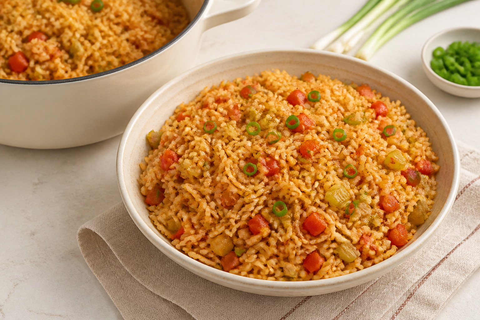 One-pot Cajun rice with peppers, tomato, celery and green onion