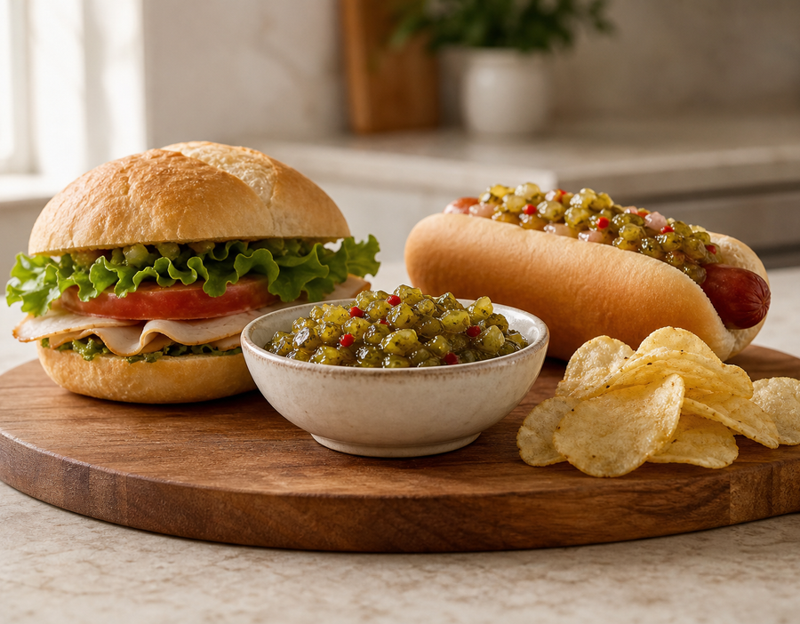 Sweet jalapeño relish spooned over hot dogs and sandwiches on a serving board