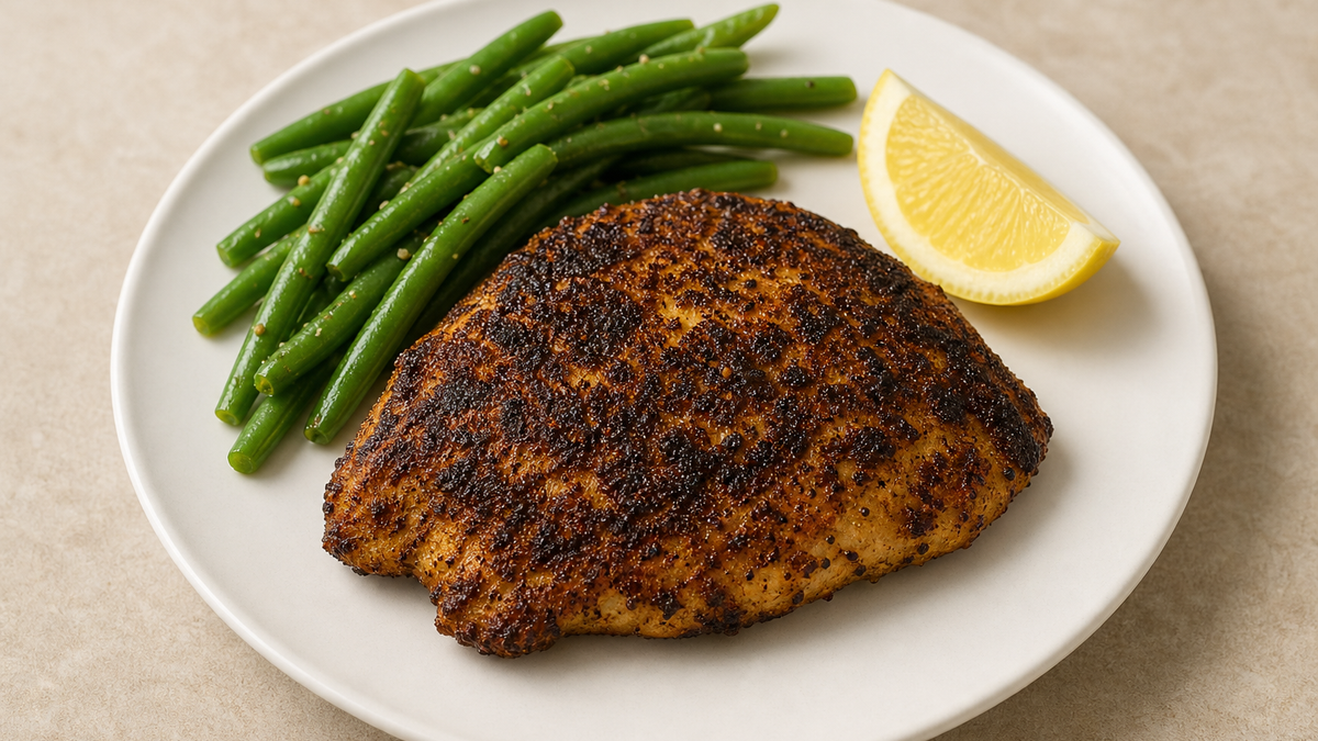 Blackened chicken with lemon and green beans on a white dinner plate