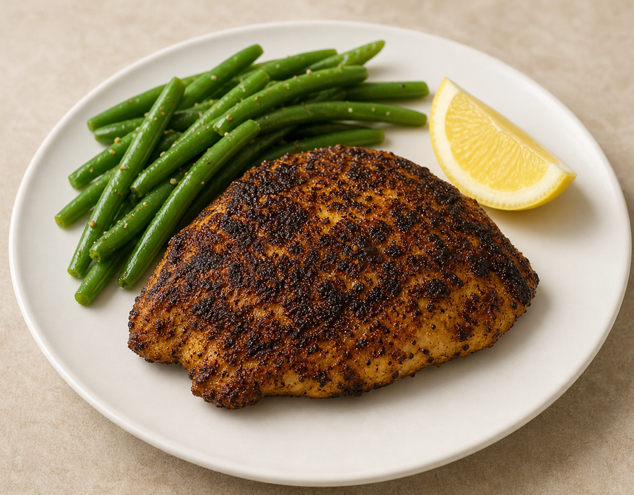 Blackened chicken with lemon and green beans on a white dinner plate
