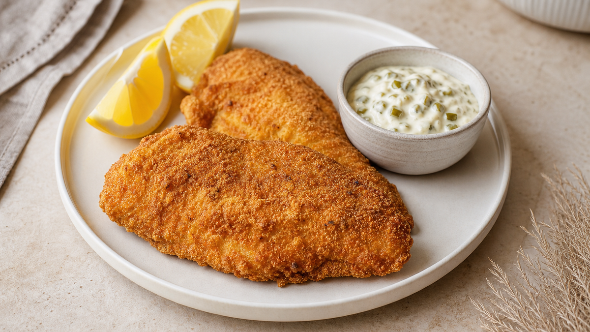 Crisp Cajun fried fish with jalapeño relish tartar sauce and lemon
