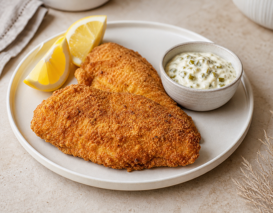 Crisp Cajun fried fish with jalapeño relish tartar sauce and lemon
