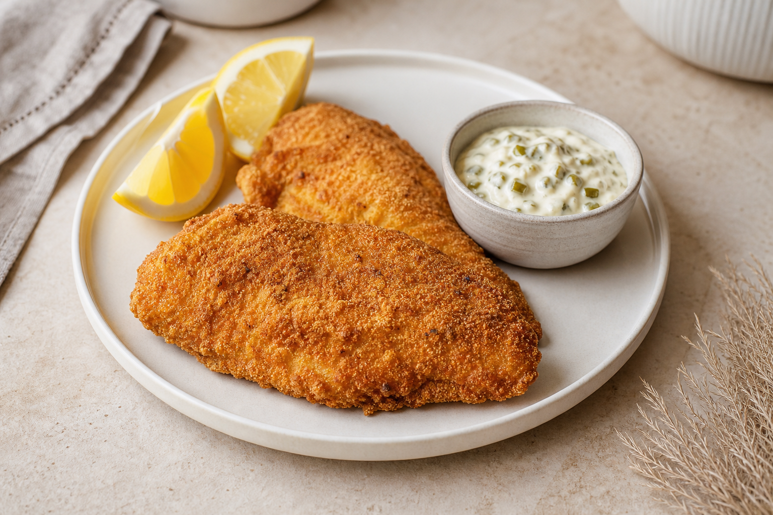 Crisp Cajun fried fish with jalapeño relish tartar sauce and lemon