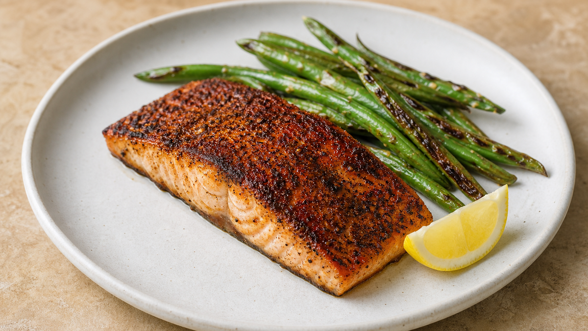 Blackened salmon with lemon and green beans on a pale plate