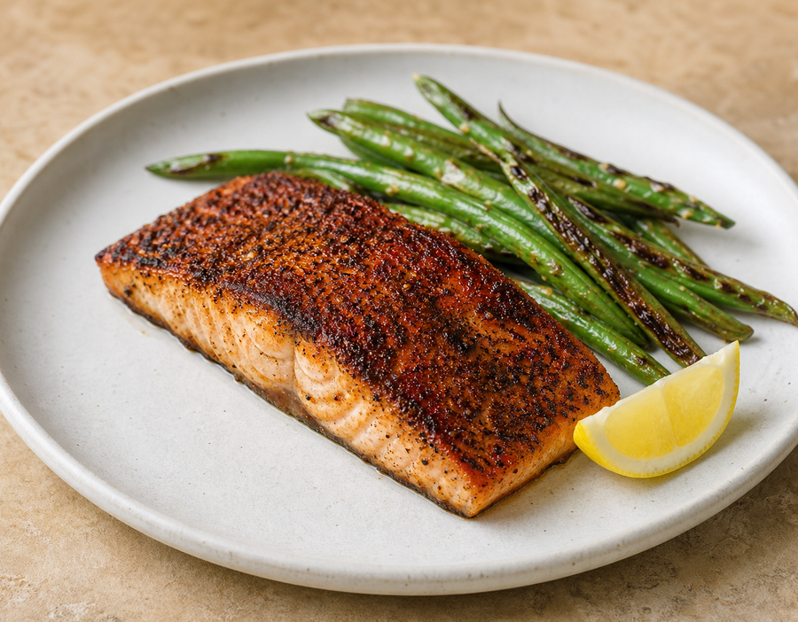 Blackened salmon with lemon and green beans on a pale plate