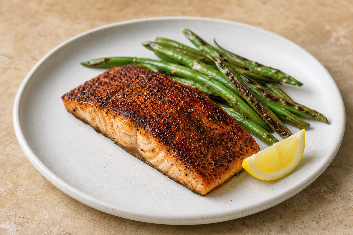 Blackened salmon with lemon and green beans on a pale plate