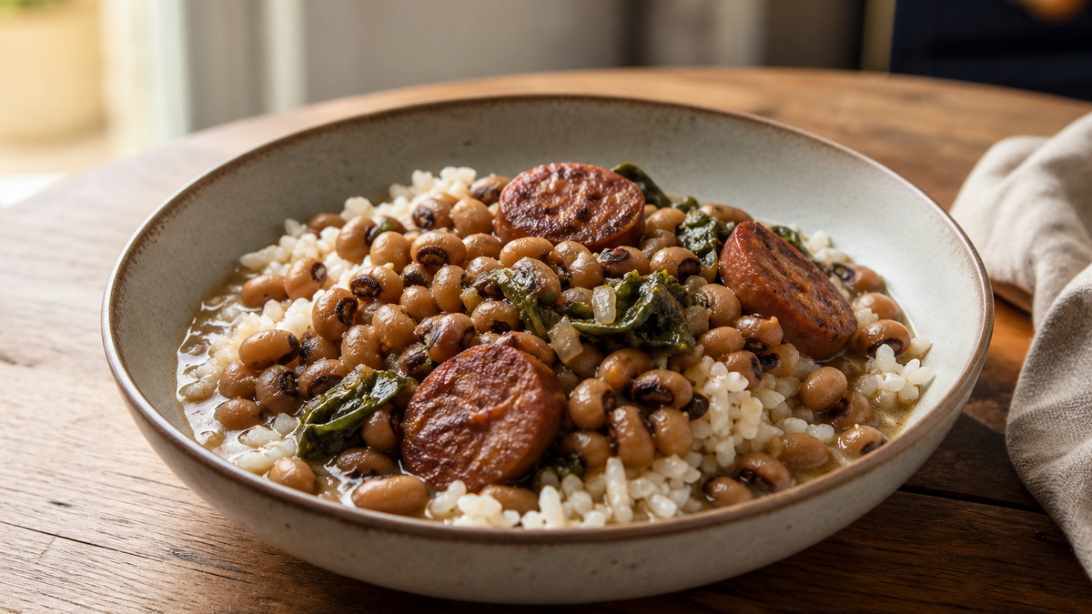 Black-eyed peas and rice with sausage and greens in a shallow bowl