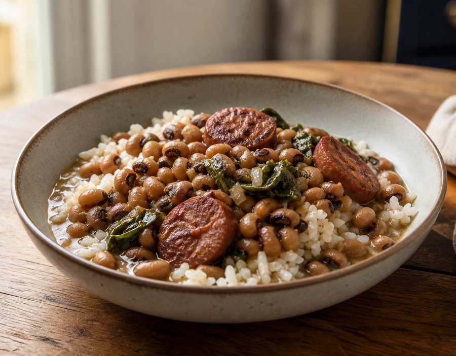 Black-eyed peas and rice with sausage and greens in a shallow bowl