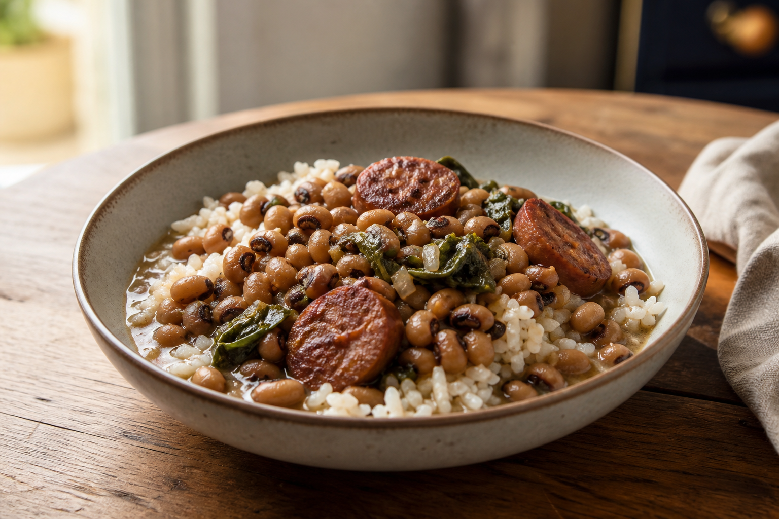 Black-eyed peas and rice with sausage and greens in a shallow bowl