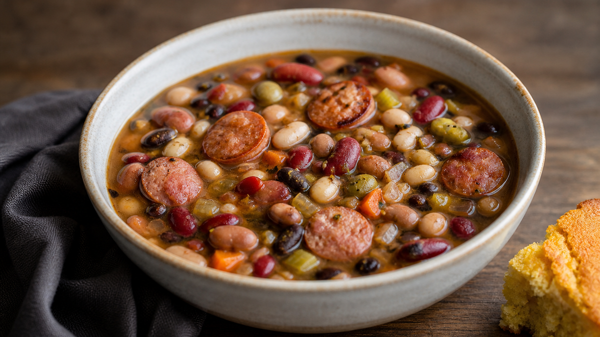 Ten bean soup with sausage and cornbread in a deep ceramic bowl