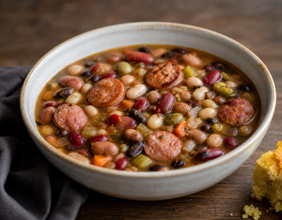 Ten bean soup with sausage and cornbread in a deep ceramic bowl
