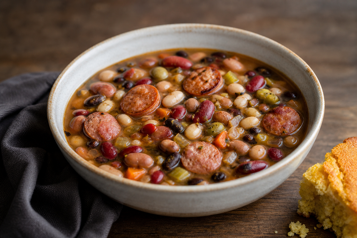 Ten bean soup with sausage and cornbread in a deep ceramic bowl