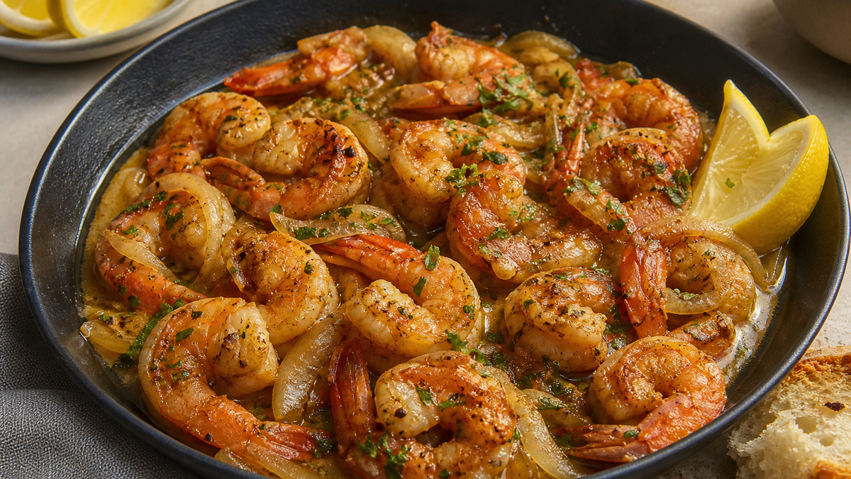 Cajun shrimp in butter sauce with lemon and parsley in a black skillet
