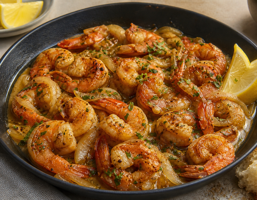 Cajun shrimp in butter sauce with lemon and parsley in a black skillet