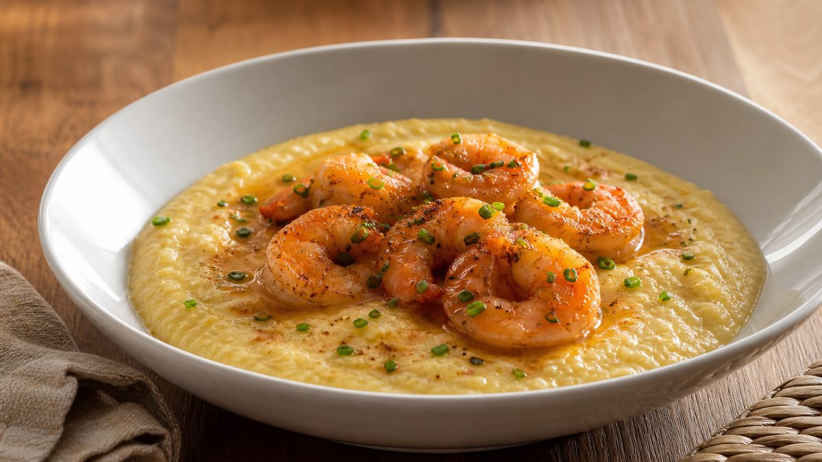 Creamy shrimp and grits with cooked shrimp and savory sauce in a wide bowl
