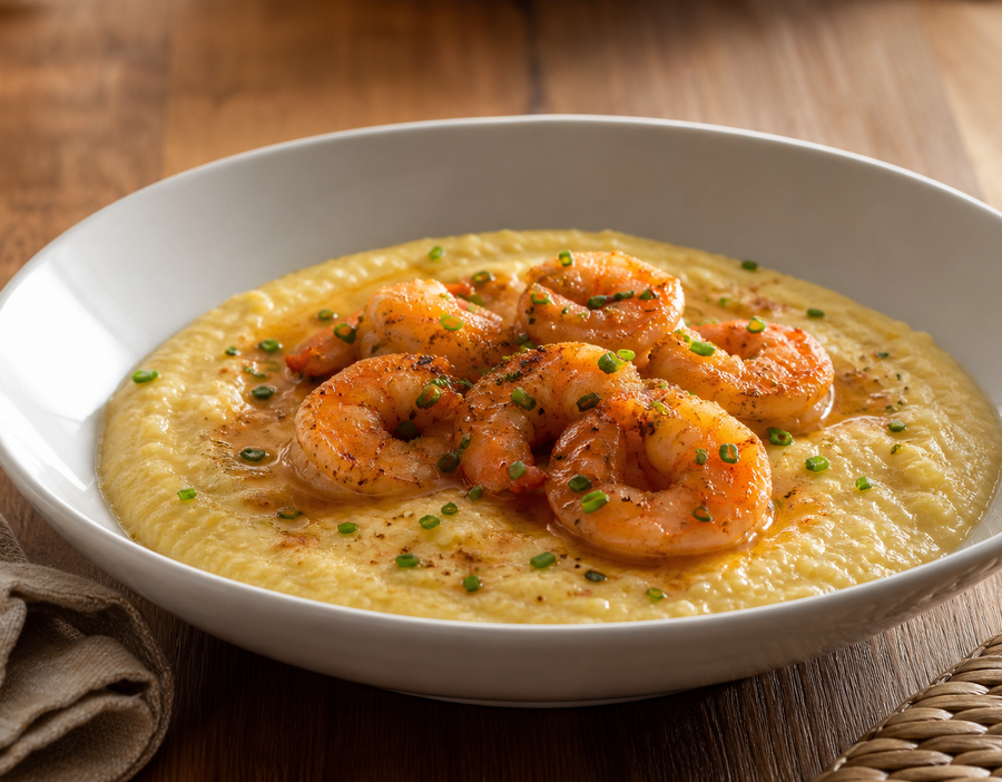 Creamy shrimp and grits with cooked shrimp and savory sauce in a wide bowl