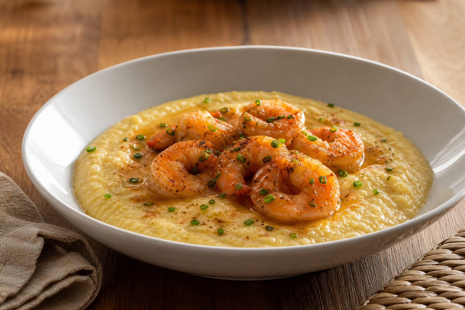 Creamy shrimp and grits with cooked shrimp and savory sauce in a wide bowl