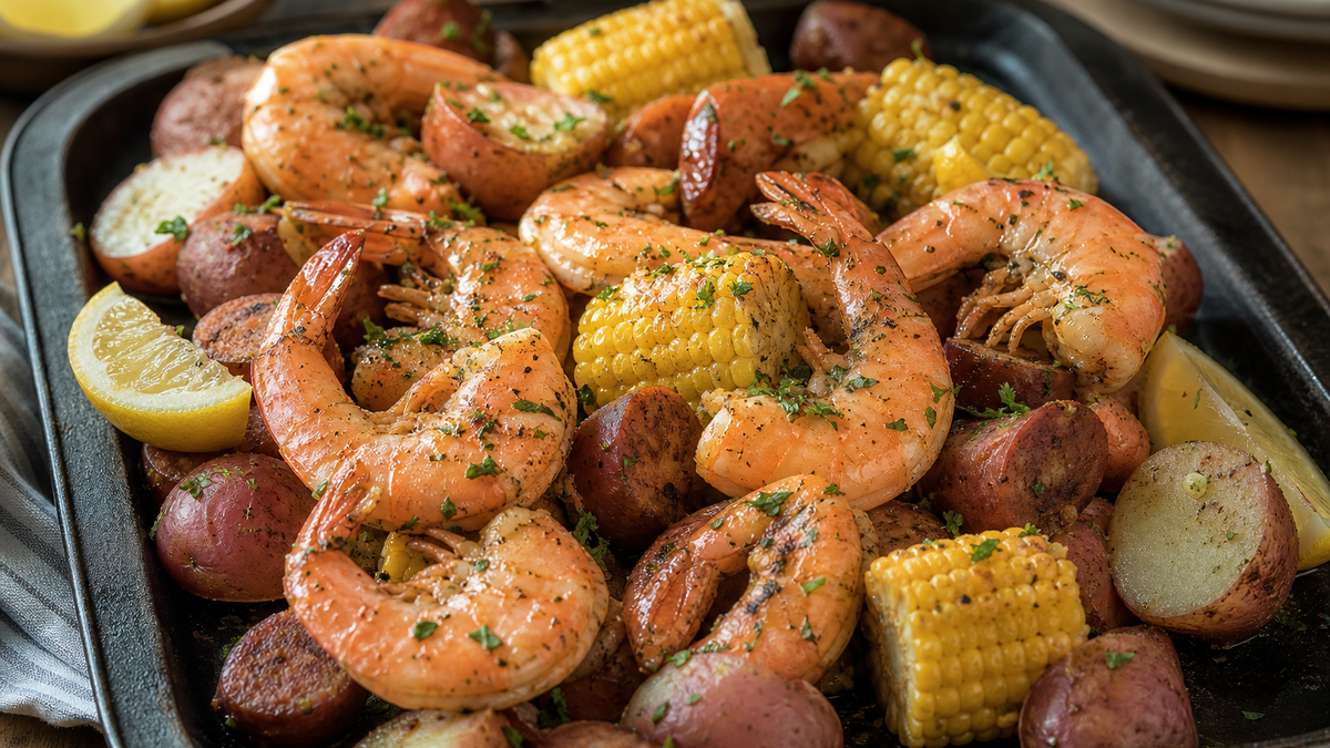Stovetop shrimp boil with cooked shrimp, corn, potatoes and lemon on a dark tray